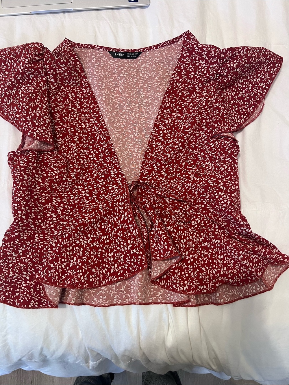 SHEIN Burgundy Red Floral Tie-Front Ruffle Blouse